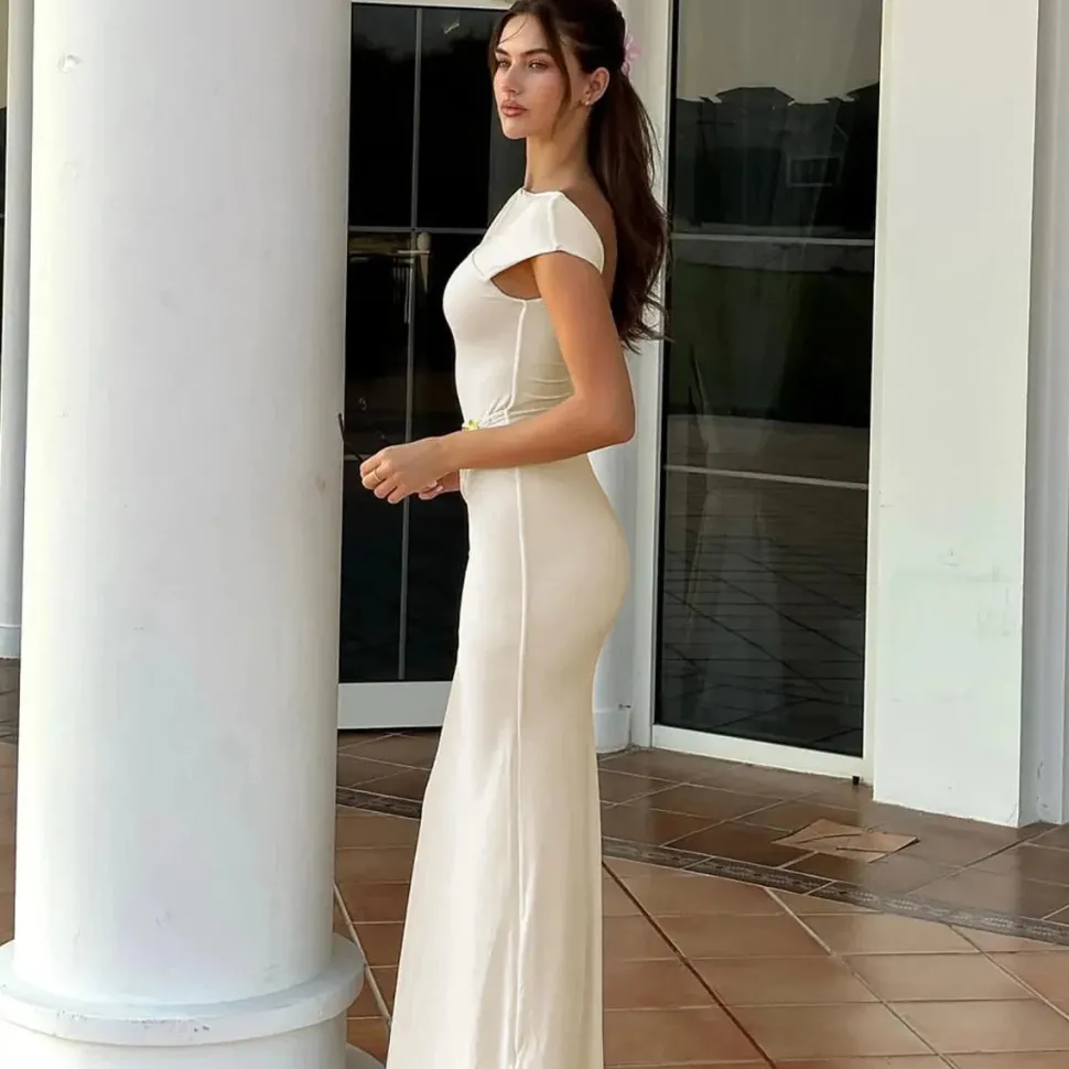 Robe de soirée mariage longue moulante manches courtes