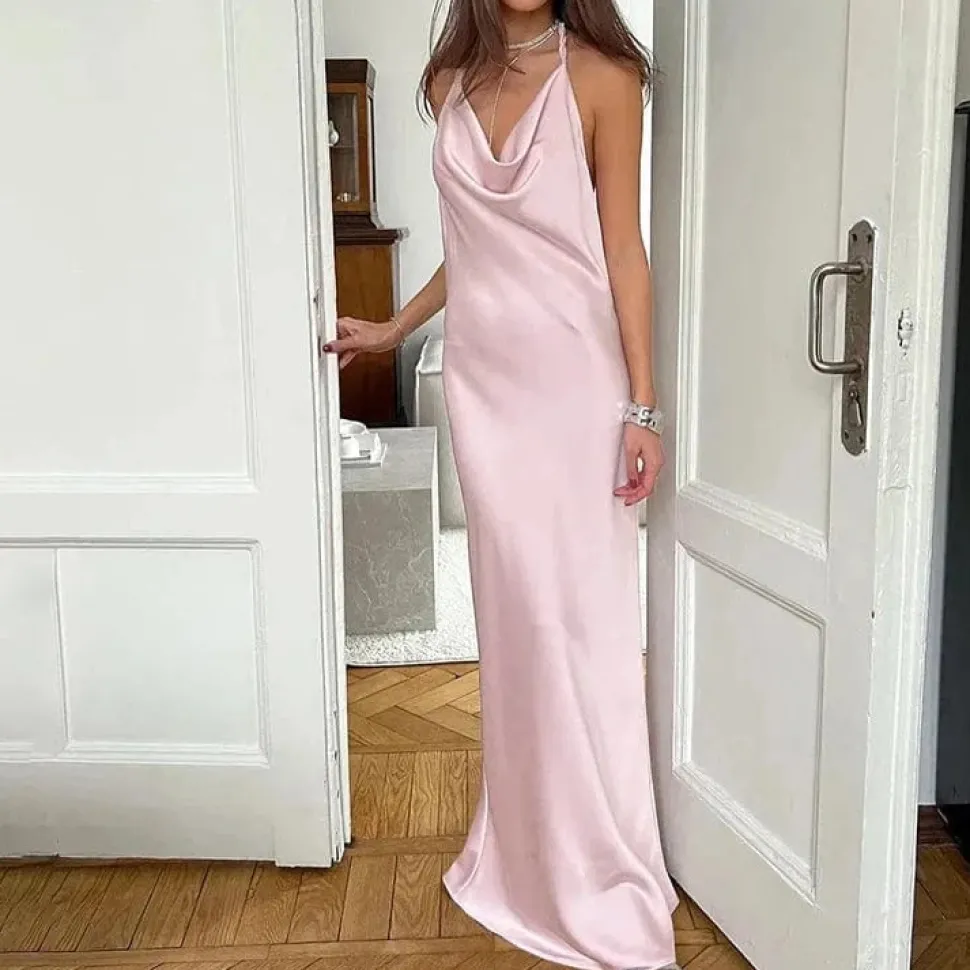 Robe de soirée mariage longue rose satinée