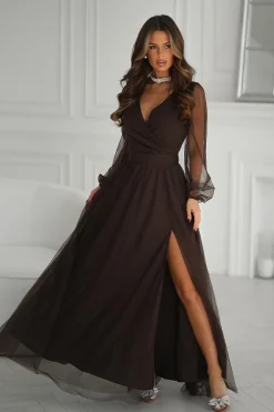 Robe de soirée marron longue fendue chic