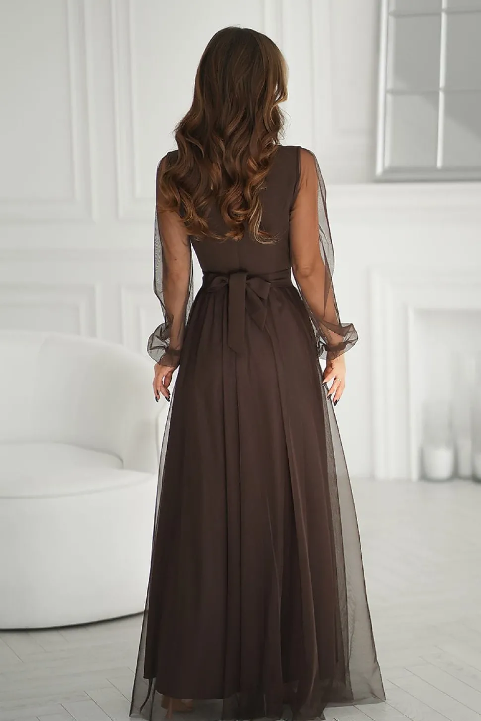Robe de soirée marron longue fendue chic