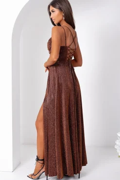Robe de soirée marron longue fendue pailletée