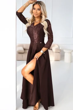 Robe de soirée marron longue haut en dentelle