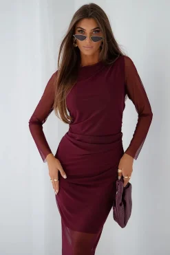 Robe de soirée moulante bordeaux manches longues