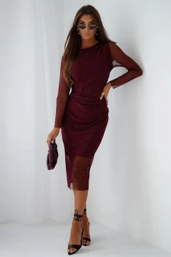 Robe de soirée moulante bordeaux manches longues
