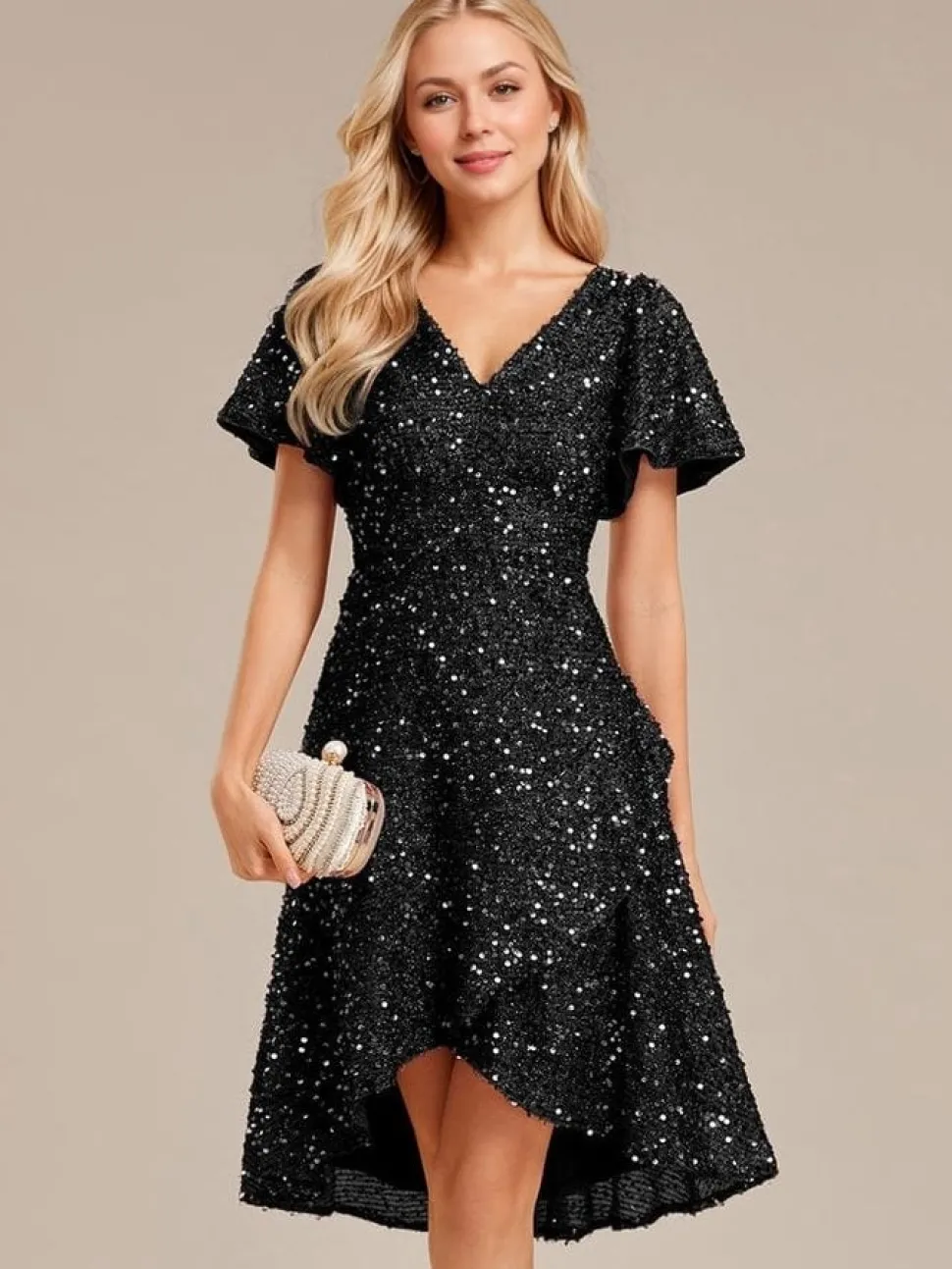 Robe de soirée noire asymétrique à sequins