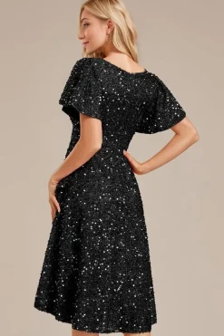 Robe de soirée noire asymétrique à sequins