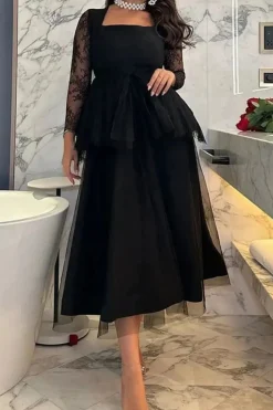 Robe de soirée noire chic midi manches en dentelle