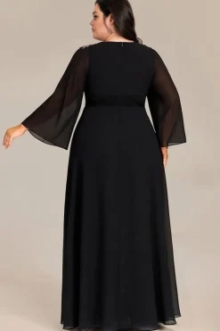 Robe de soirée noire grande taille manches longues évasées