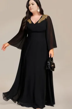 Robe de soirée noire grande taille manches longues évasées
