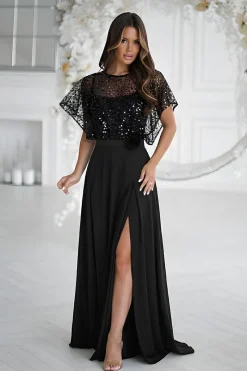 Robe de soirée noire longue avec boléro à sequins