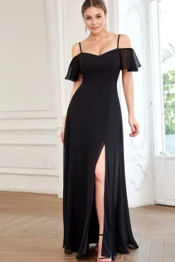 Robe de soirée noire longue fendue avec bretelles spaghetti