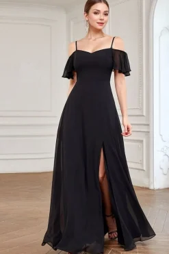 Robe de soirée noire longue fendue avec bretelles spaghetti