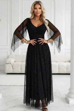 Robe de soirée noire longue manches transparentes