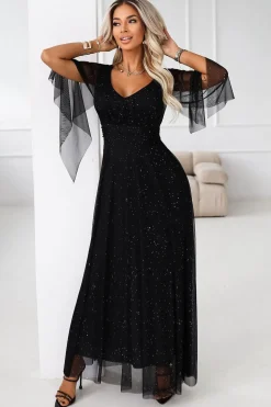 Robe de soirée noire longue manches transparentes