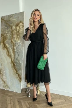 Robe de soirée noire midi manches longues