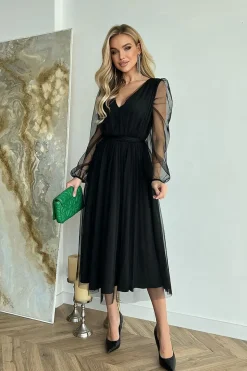 Robe de soirée noire midi manches longues