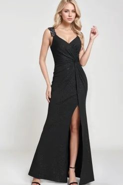 Robe de soirée noire à paillettes avec fente