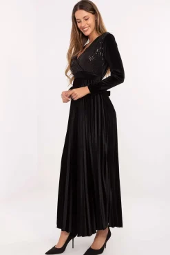 Robe de soirée noire plissée longue manches longues