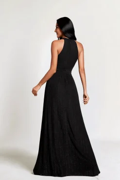 Robe de soirée noire plissée pailletée à col licou