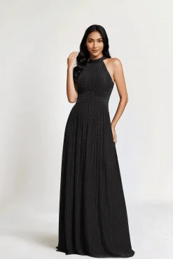Robe de soirée noire plissée pailletée à col licou