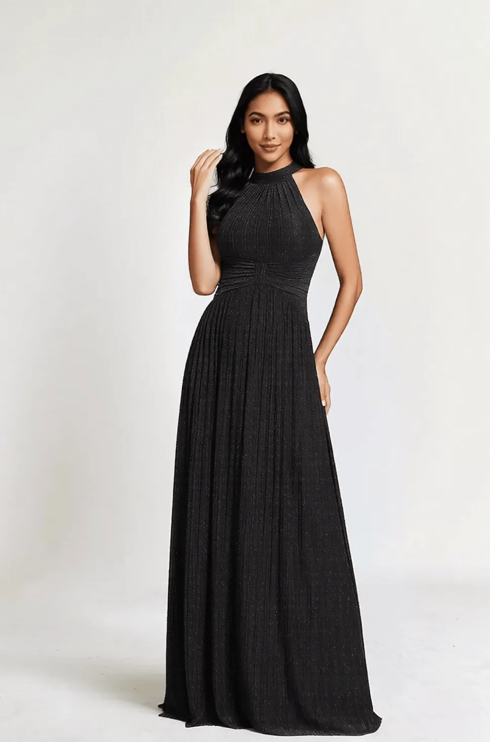 Robe de soirée noire plissée pailletée à col licou