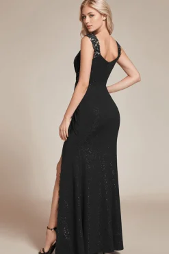 Robe de soirée noire à sequins longue fendue