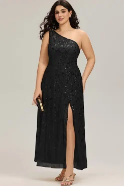 Robe de soirée noire une épaule avec fente