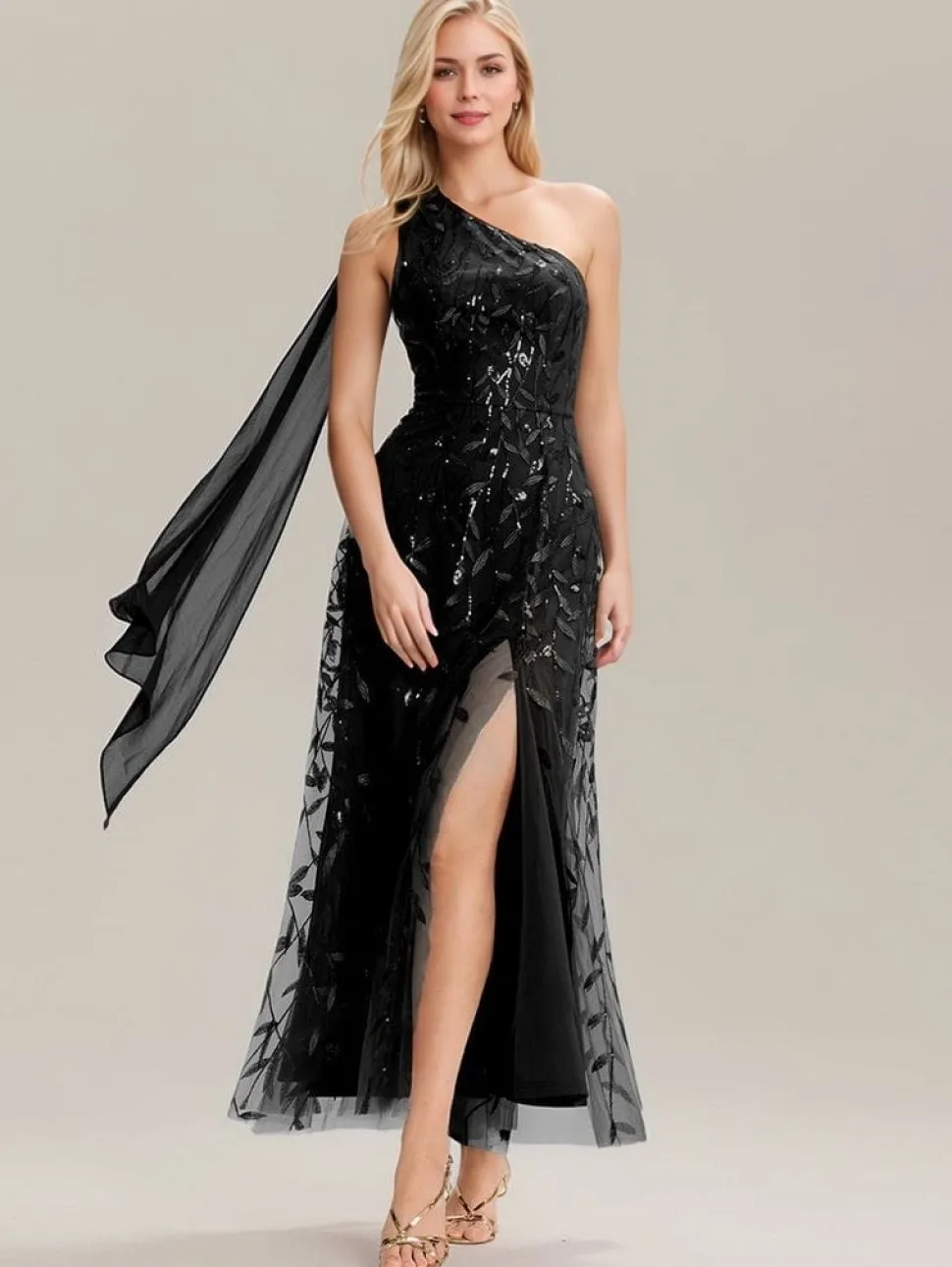 Robe de soirée noire une épaule avec fente