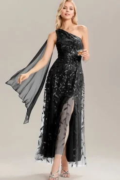 Robe de soirée noire une épaule avec fente
