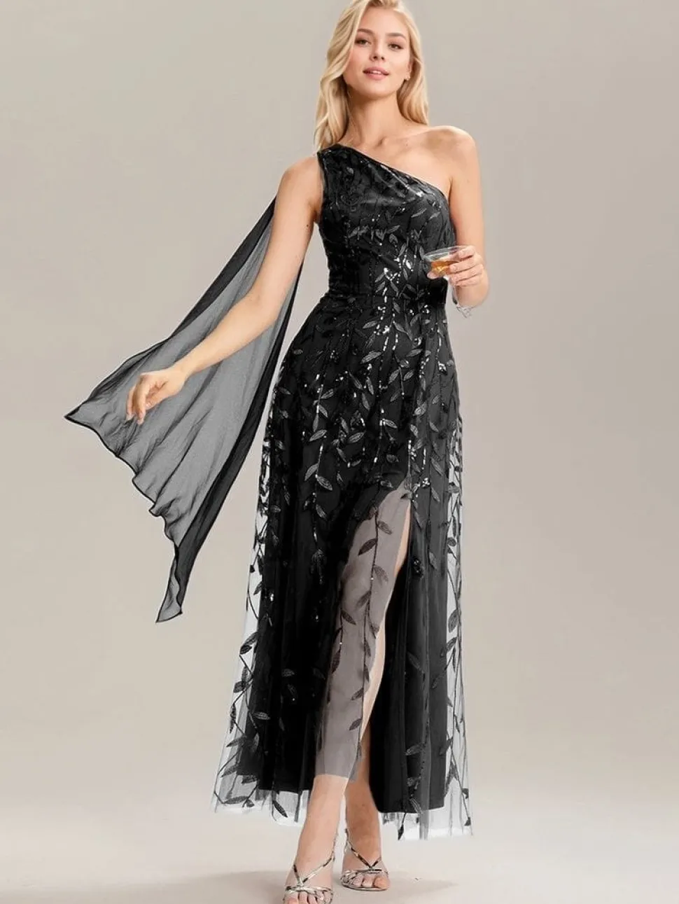 Robe de soirée noire une épaule avec fente