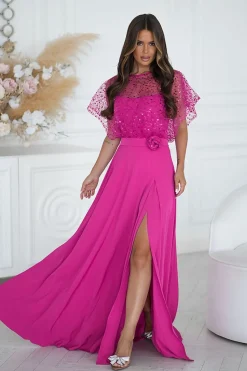 Robe de soirée rose fuchsia longue avec boléro à sequins