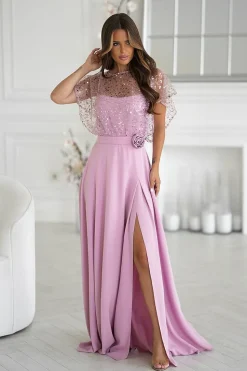 Robe de soirée rose longue fendue boléro pailleté