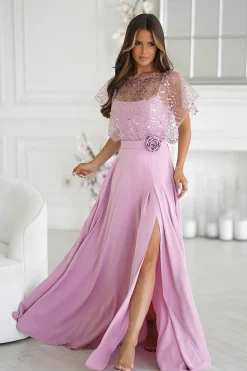 Robe de soirée rose longue fendue boléro pailleté