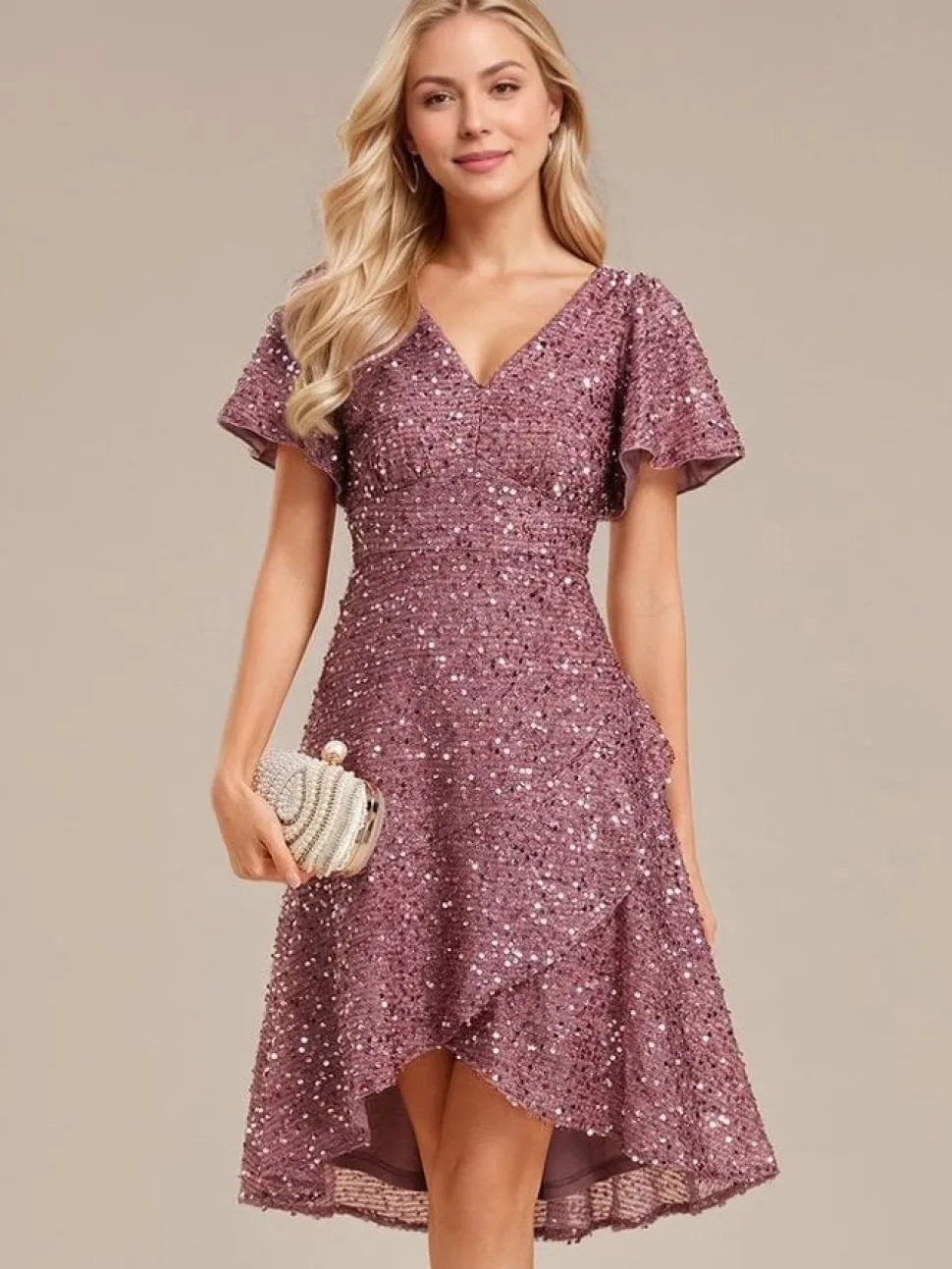 Robe de soirée rose à sequins manches courtes