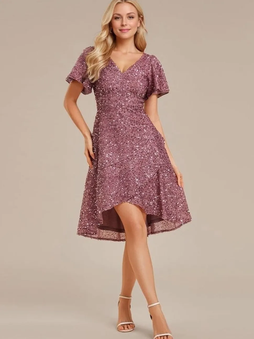 Robe de soirée rose à sequins manches courtes