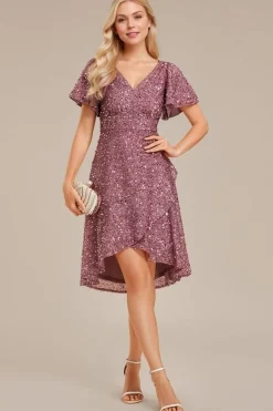 Robe de soirée rose à sequins manches courtes