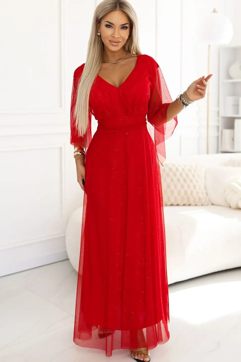 Robe de soirée rouge longue manches en tulle