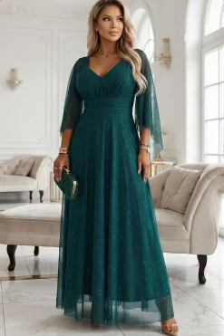 Robe de soirée sequin verte manches papillon