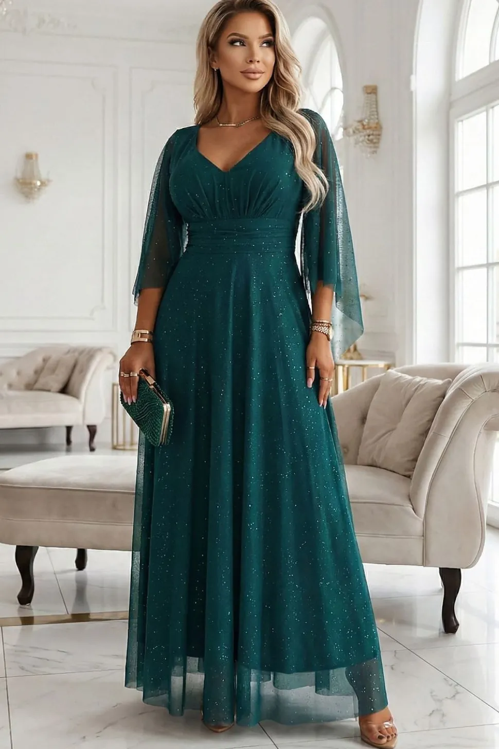 Robe de soirée sequin verte manches papillon
