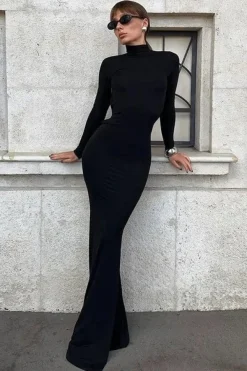 Robe de soirée sexy noire dos nu manches longues