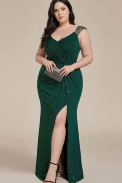 Robe de soirée verte fendue grande taille