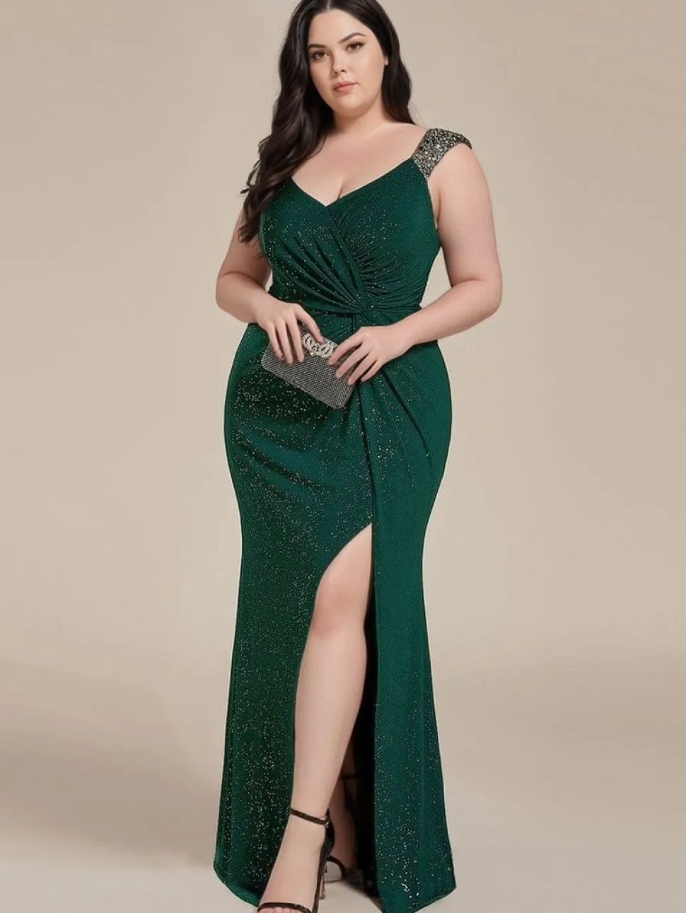 Robe de soirée verte fendue grande taille