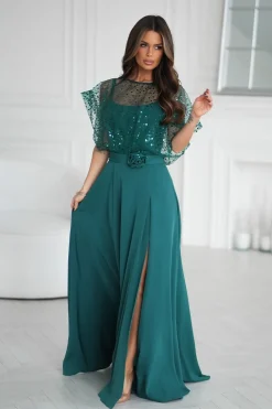 Robe de soirée verte longue avec boléro à sequins