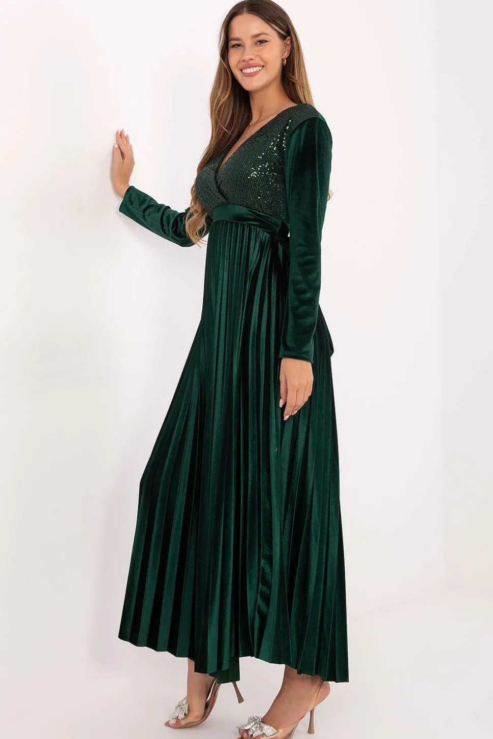 Robe de soirée verte longue chic plissée
