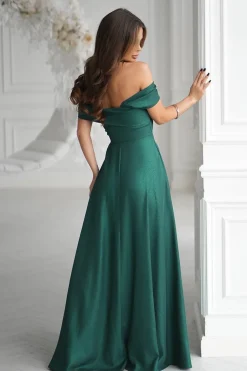 Robe de soirée verte longue fendue épaules dénudées