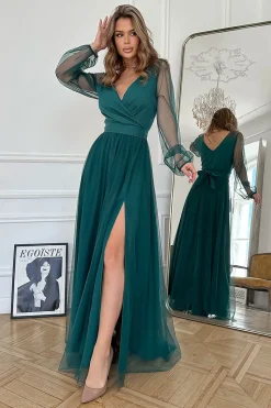 Robe de soirée verte longue manches longues en tulle