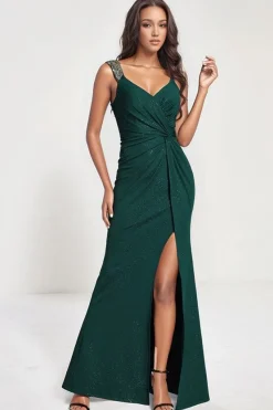 Robe de soirée verte scintillante fendue