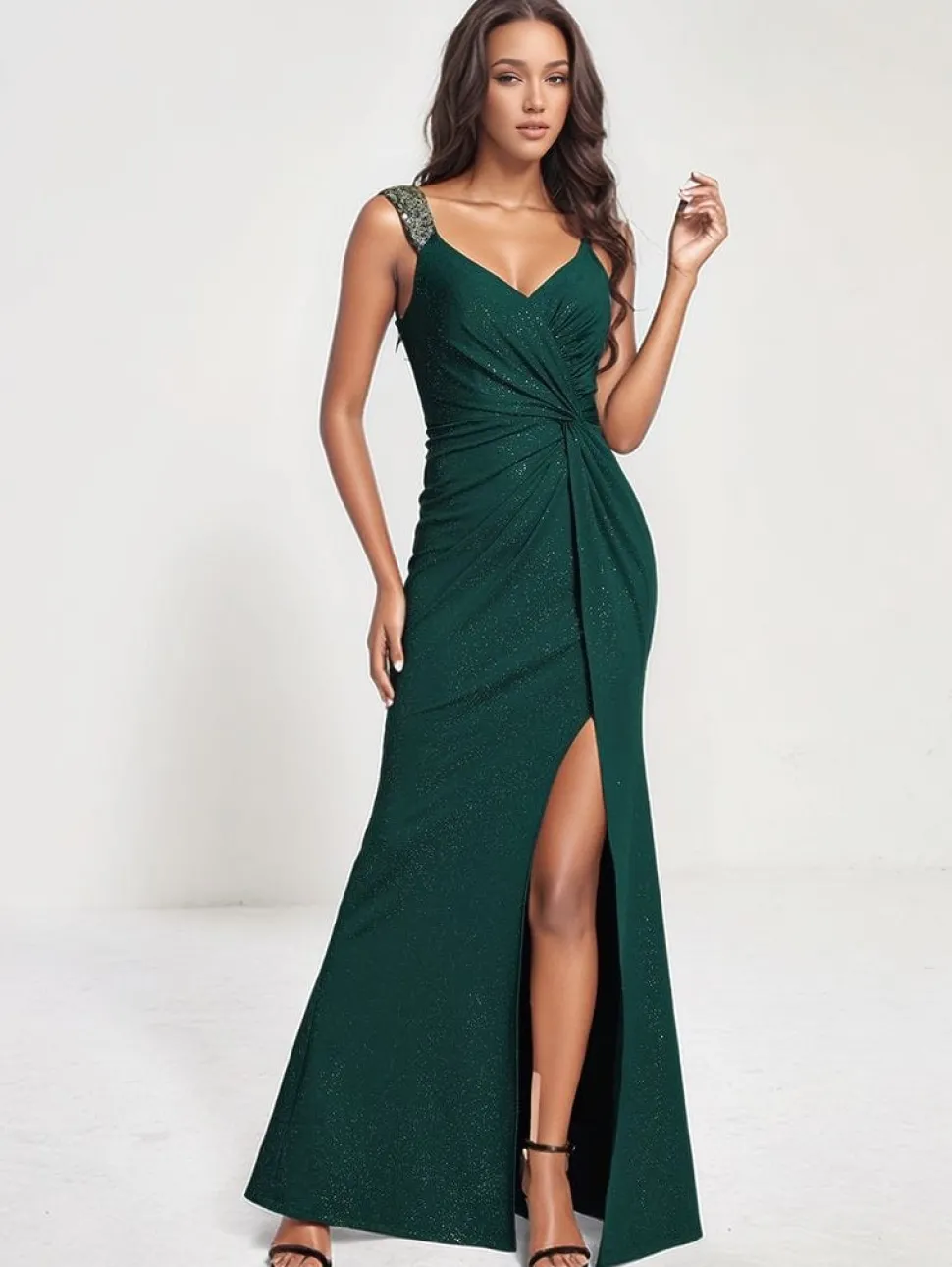 Robe de soirée verte scintillante fendue
