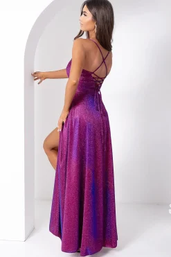 Robe de soirée violette longue fendue pailletée