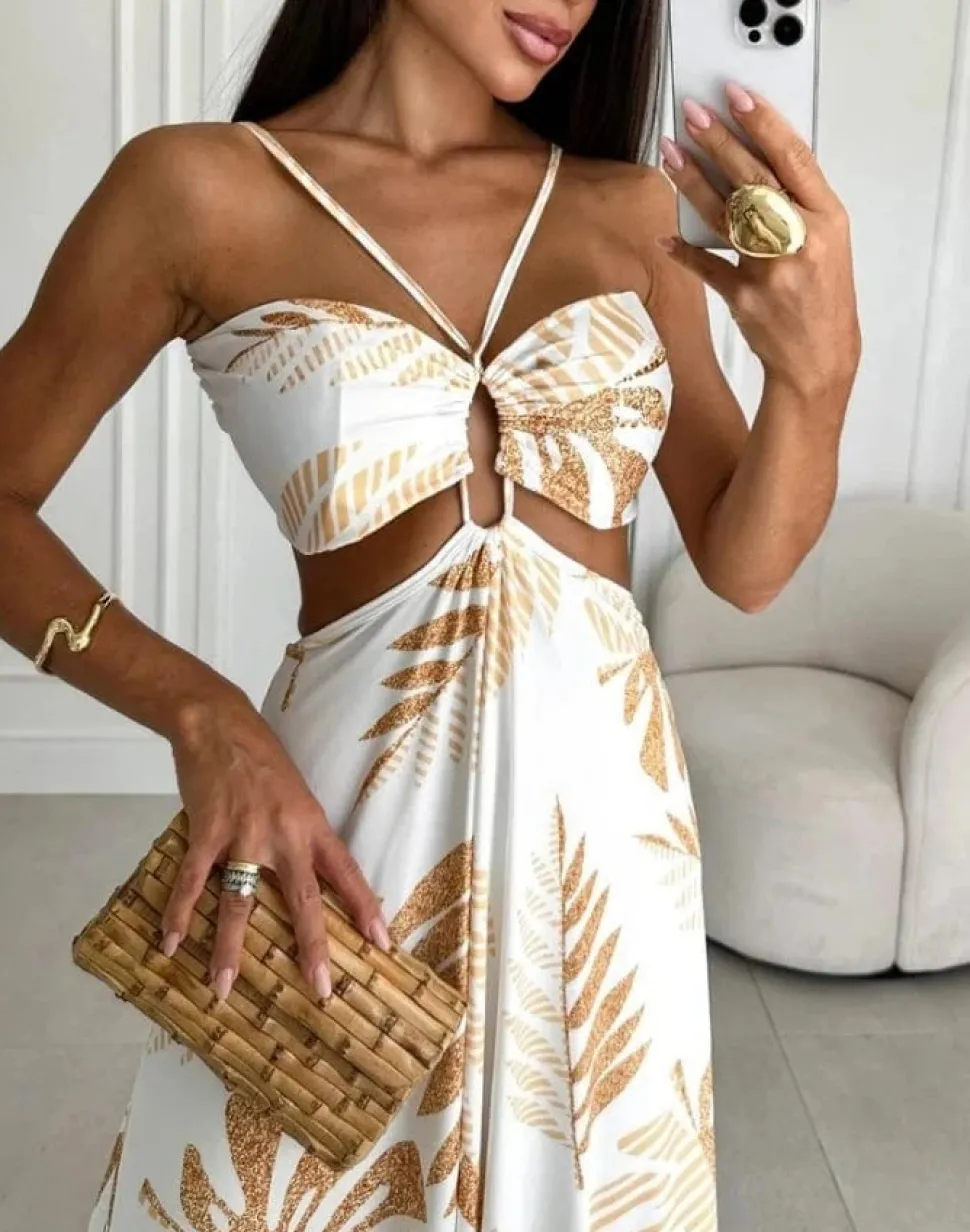 Robe dos nu longue à imprimé tropical